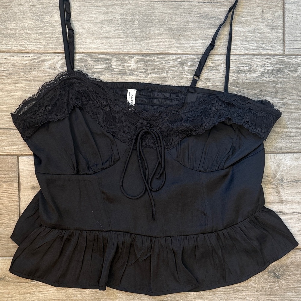 NWOT AE Black Satin and Lace-Trim Camisole Cropped Top